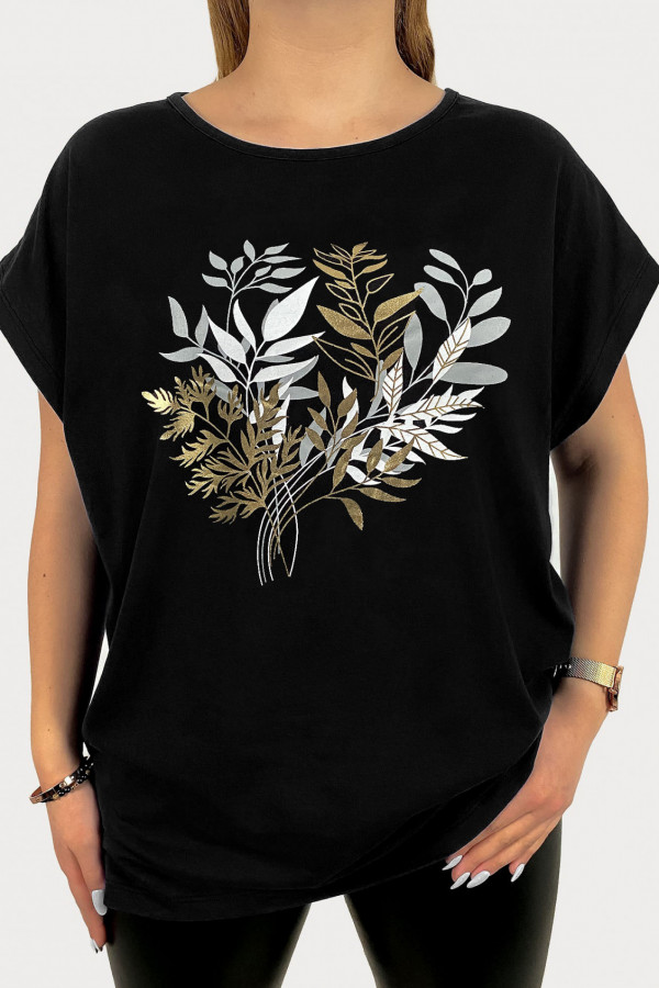 T-shirt damski plus size w kolorze czarnym gold leaves liście