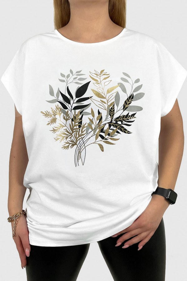 T-shirt damski plus size w kolorze białym gold leaves liście