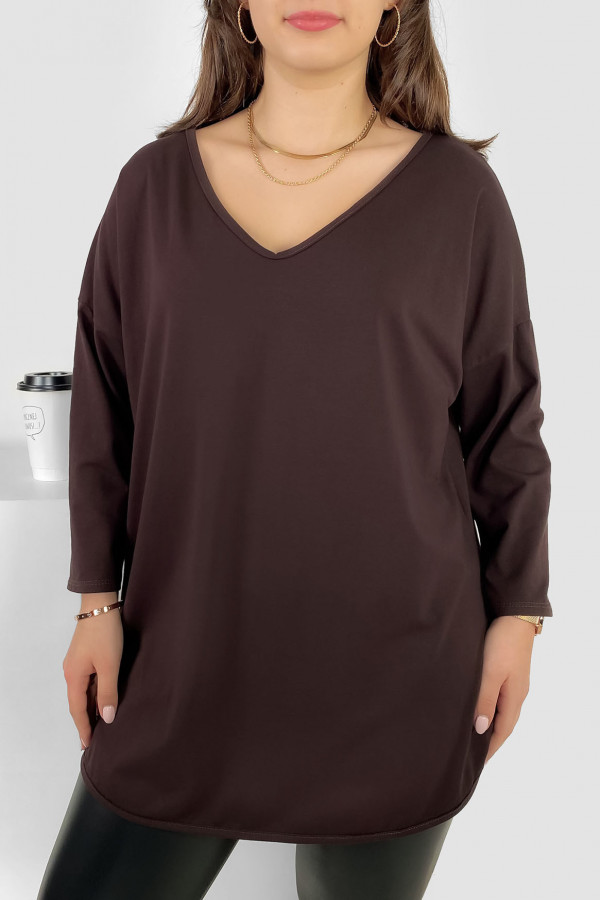 Casualowa damska bluzka w kolorze czekoladowym dłuższy tył dekolt v serek Chandi 2