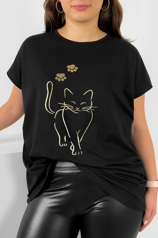 Nietoperz T-shirt damski plus size w kolorze czarnym złoty kot cat