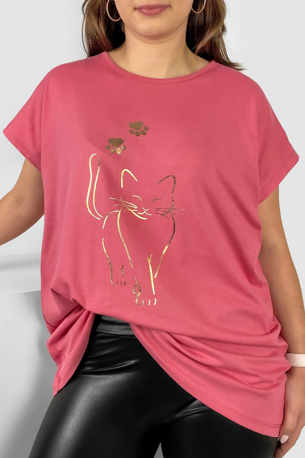 Nietoperz T-shirt damski plus size w kolorze indyjskiego różu złoty kot cat