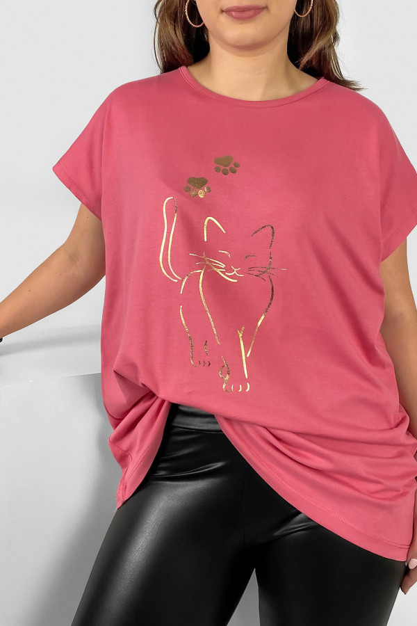Nietoperz T-shirt damski plus size w kolorze indyjskiego różu złoty kot cat 1