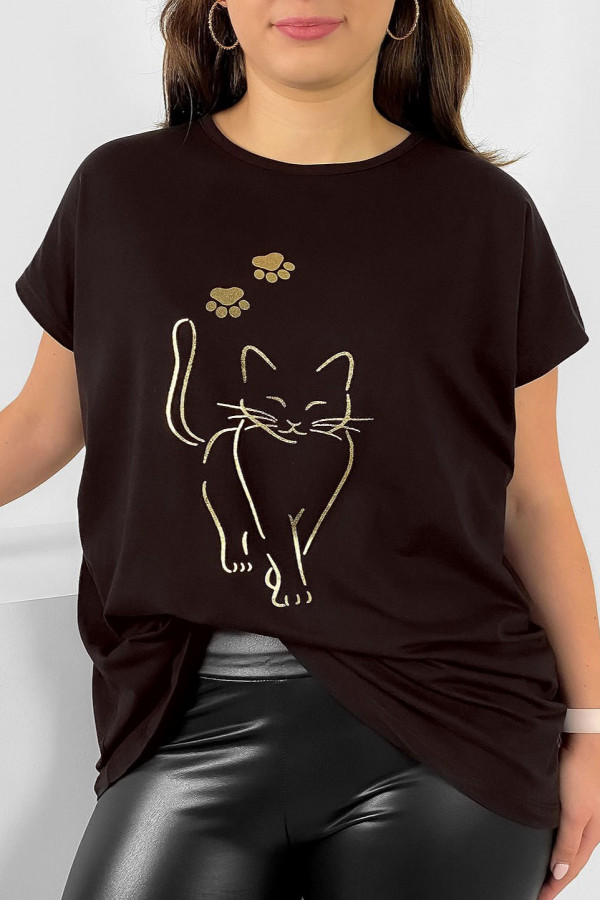 Nietoperz T-shirt damski plus size w kolorze gorzkiej czekolady złoty kot cat
