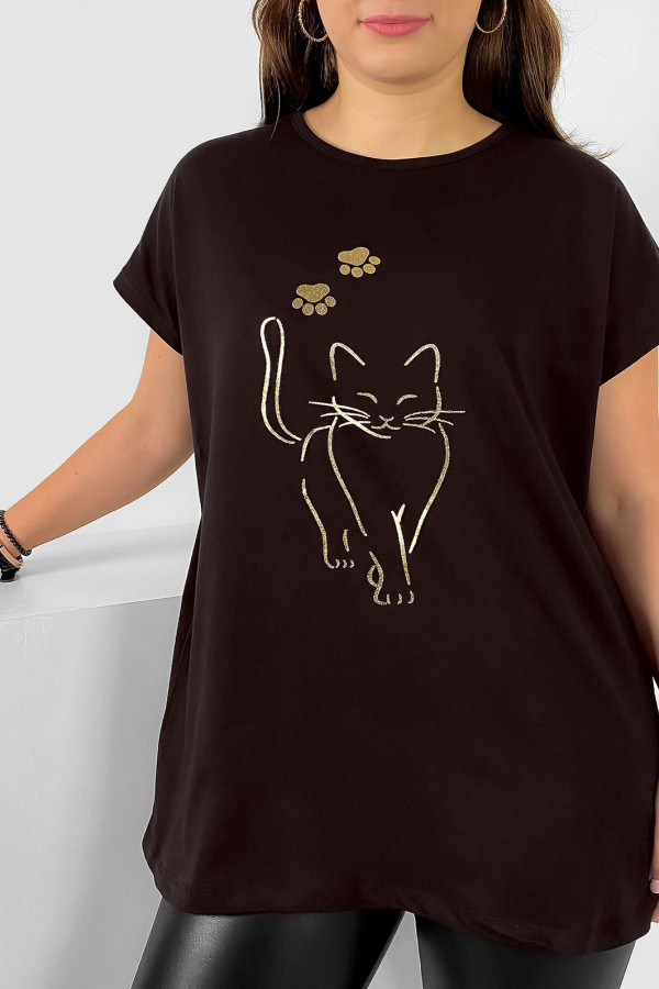 Nietoperz T-shirt damski plus size w kolorze gorzkiej czekolady złoty kot cat 2