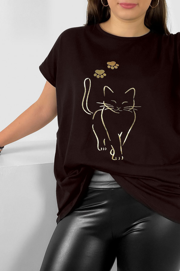 Nietoperz T-shirt damski plus size w kolorze gorzkiej czekolady złoty kot cat 3