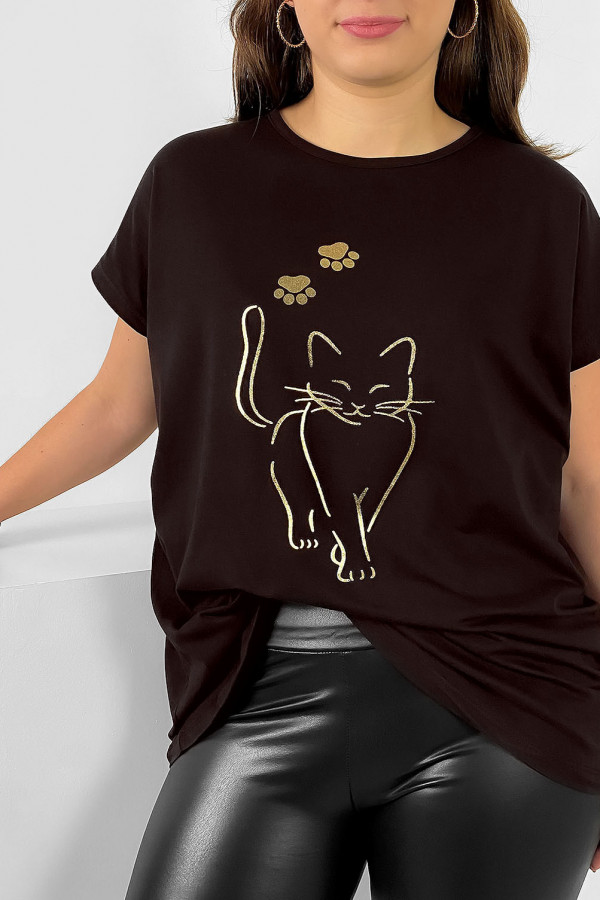 Nietoperz T-shirt damski plus size w kolorze gorzkiej czekolady złoty kot cat 1