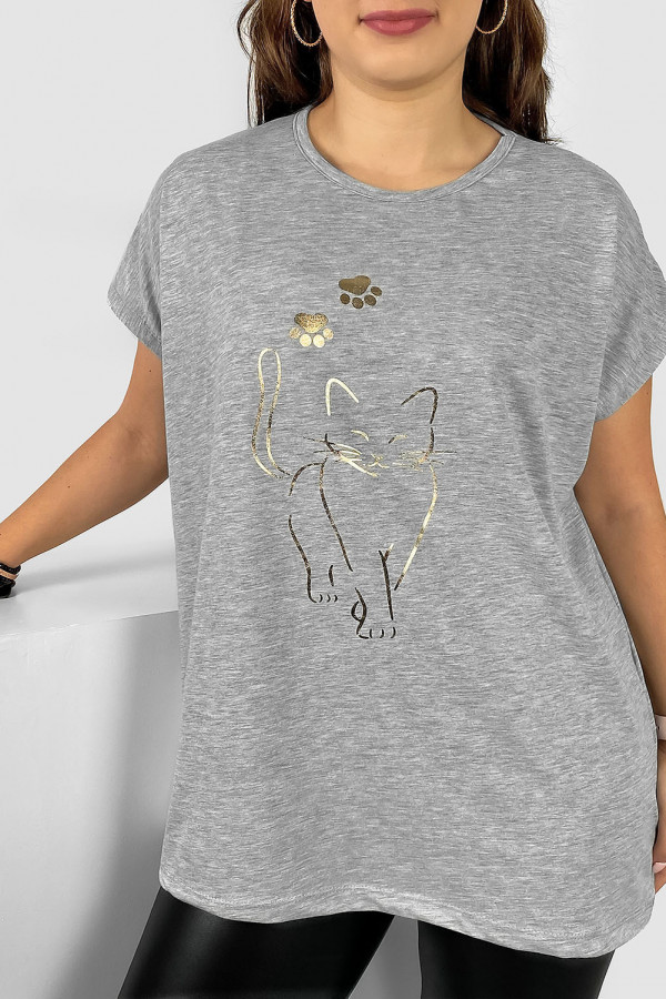 Nietoperz T-shirt damski plus size w kolorze szary melanż złoty kot cat 2