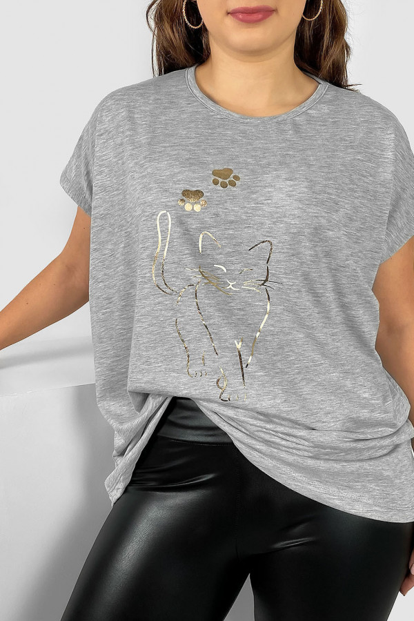 Nietoperz T-shirt damski plus size w kolorze szary melanż złoty kot cat 1
