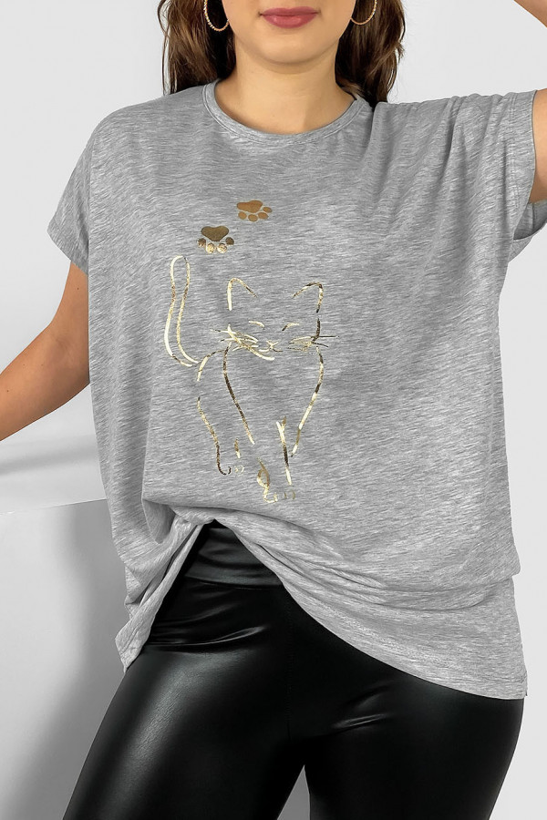 Nietoperz T-shirt damski plus size w kolorze szary melanż złoty kot cat 3