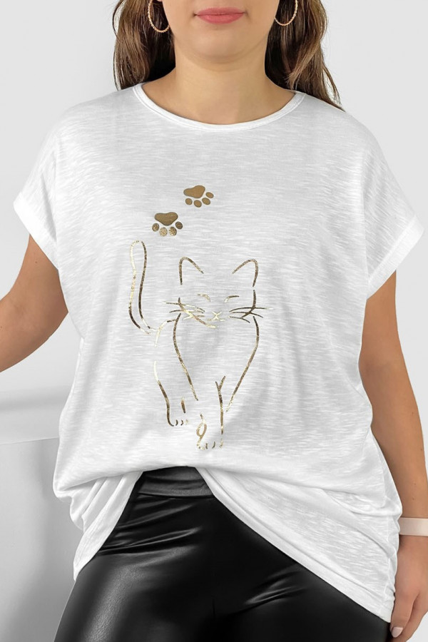 Nietoperz T-shirt damski plus size w kolorze białym złoty kot cat