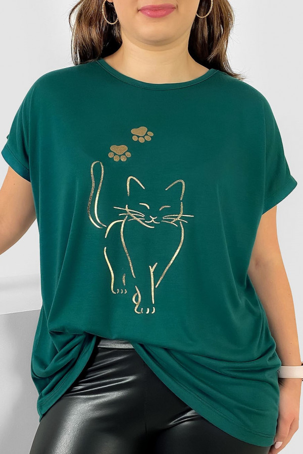 Nietoperz T-shirt damski plus size w kolorze morskim złoty kot cat