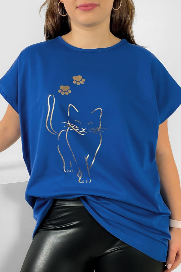 Nietoperz T-shirt damski plus size w kolorze lapisu złoty kot cat