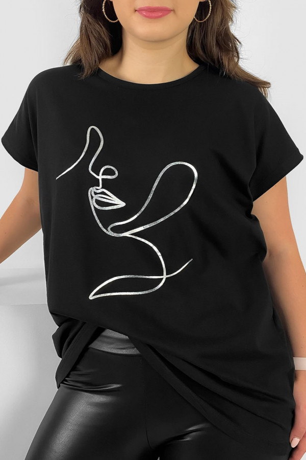 Nietoperz T-shirt damski plus size w kolorze czarnym srebrny line art woman