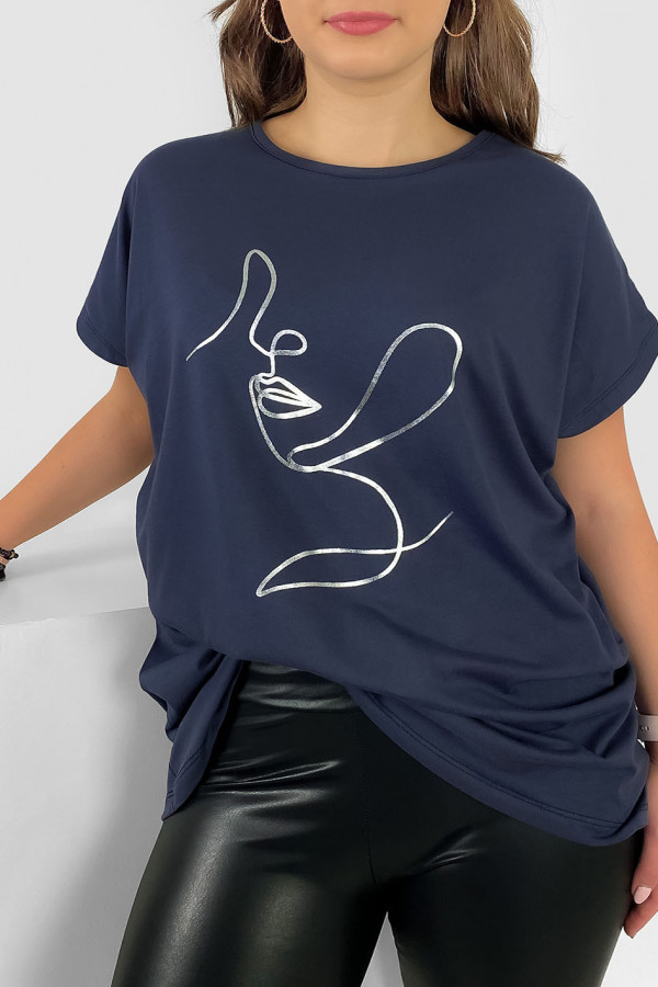 Nietoperz T-shirt damski plus size w kolorze grafitowego granatu srebrny line art woman 1