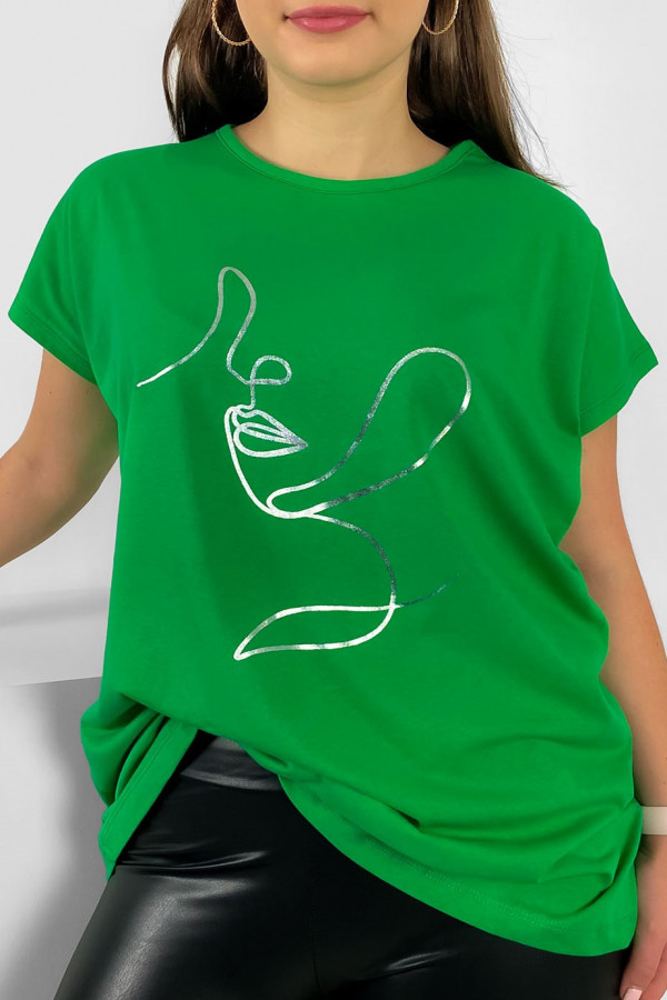 Nietoperz T-shirt damski plus size w kolorze zielonym srebrny line art woman