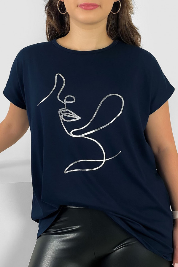 Nietoperz T-shirt damski plus size w kolorze granatowym srebrny line art woman