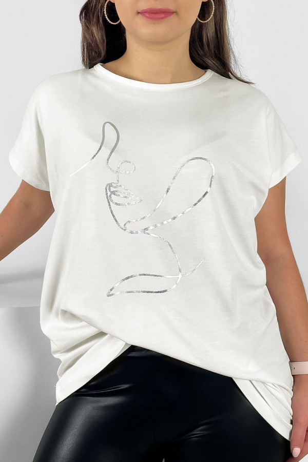 Nietoperz T-shirt damski plus size w kolorze ecru srebrny line art woman