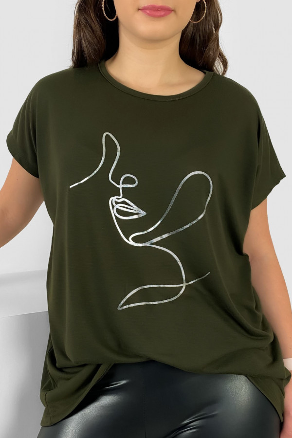 Nietoperz T-shirt damski plus size w kolorze dark khaki srebrny line art woman