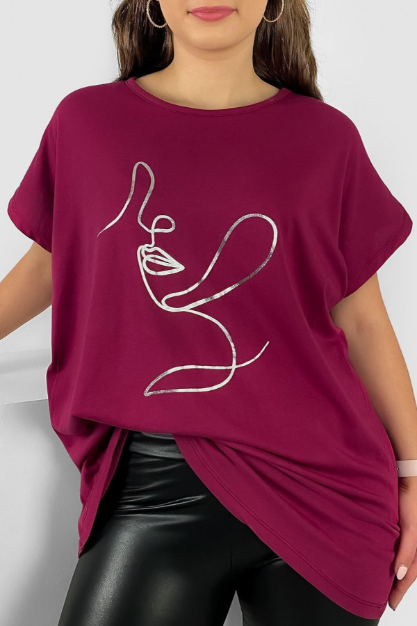 Nietoperz T-shirt damski plus size w kolorze rubinowym srebrny line art woman