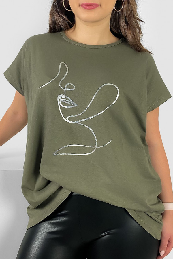 Nietoperz T-shirt damski plus size w kolorze khaki srebrny line art woman