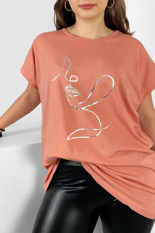 Nietoperz T-shirt damski plus size w kolorze brzoskwiniowym srebrny line art woman 1