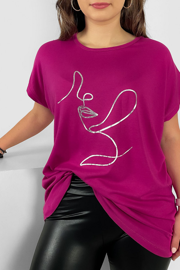 Nietoperz T-shirt damski plus size w kolorze magenta srebrny line art woman 1