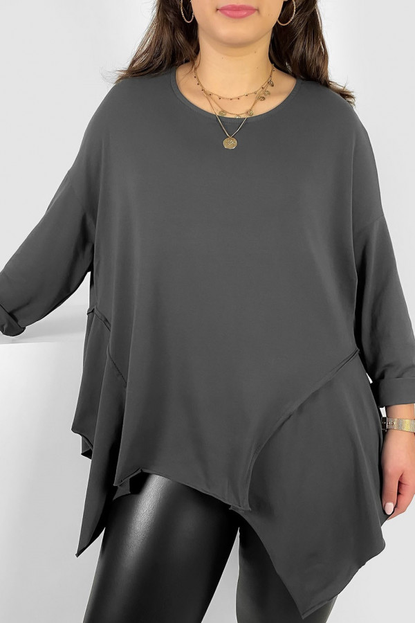 Asymetryczna bluzka damska plus size w kolorze grafitowym boki rogi Randi