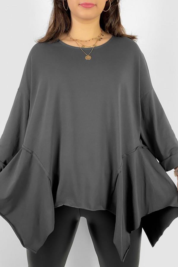 Asymetryczna bluzka damska plus size w kolorze grafitowym boki rogi Randi 2