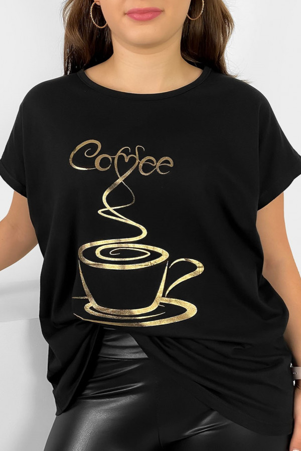 Nietoperz T-shirt damski plus size w kolorze czarnym złoty print coffee cup