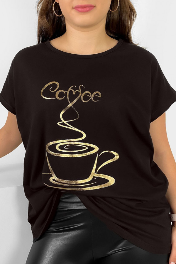 Nietoperz T-shirt damski plus size w kolorze gorzkiej czekolady złoty print coffee cup