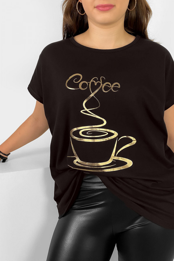 Nietoperz T-shirt damski plus size w kolorze gorzkiej czekolady złoty print coffee cup 1