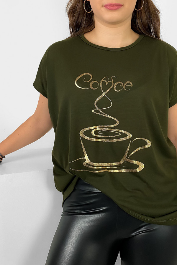 Nietoperz T-shirt damski plus size w kolorze dark khaki złoty print coffee cup 1