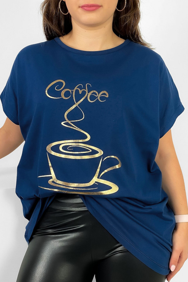 Nietoperz T-shirt damski plus size w kolorze dark blue złoty print coffee cup