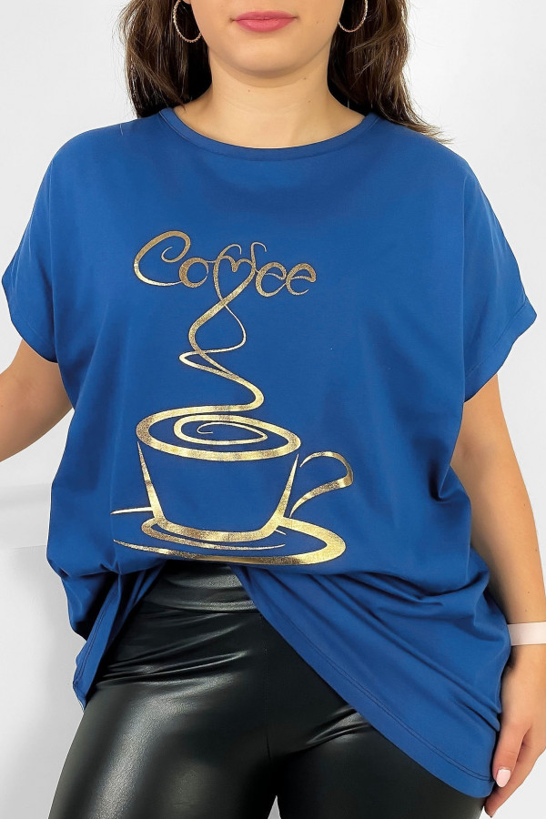 Nietoperz T-shirt damski plus size w kolorze niebieskim złoty print coffee cup