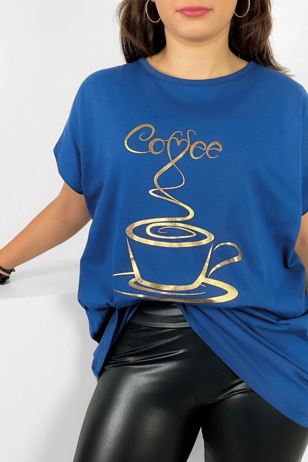 Nietoperz T-shirt damski plus size w kolorze lapisu złoty print coffee cup 1