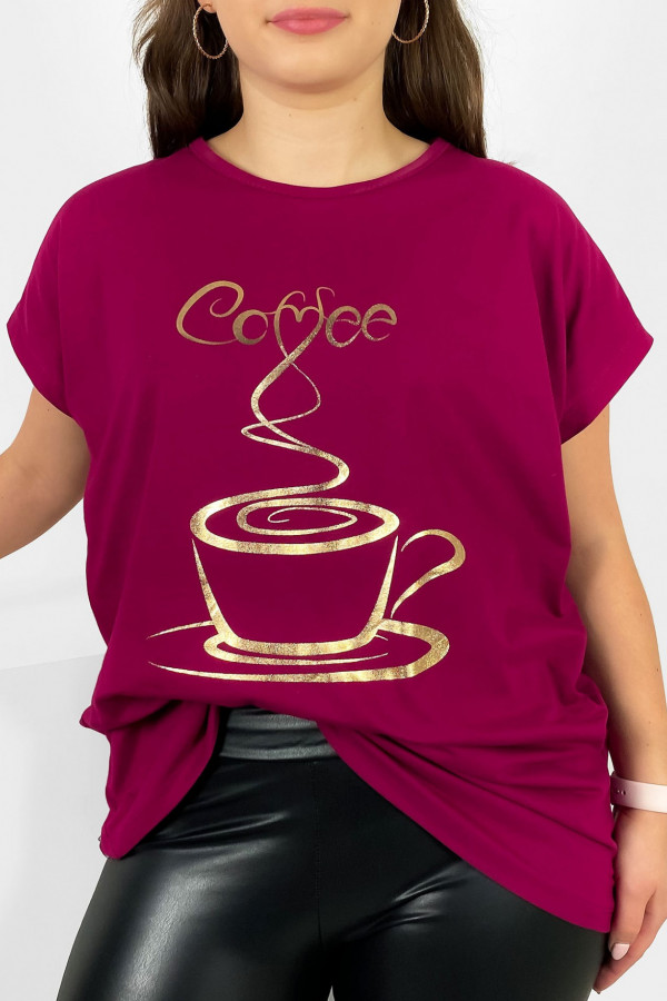 Nietoperz T-shirt damski plus size w kolorze magenta złoty print coffee cup