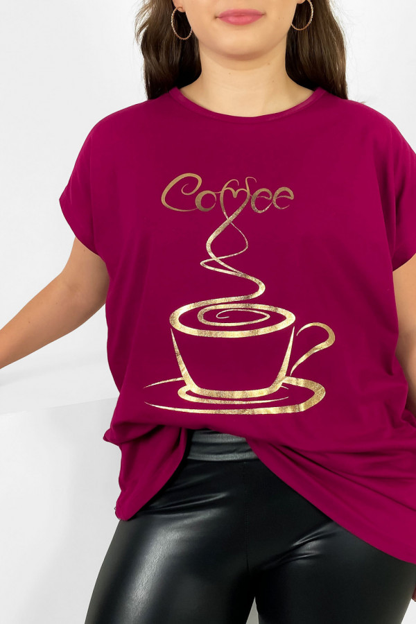 Nietoperz T-shirt damski plus size w kolorze magenta złoty print coffee cup 1