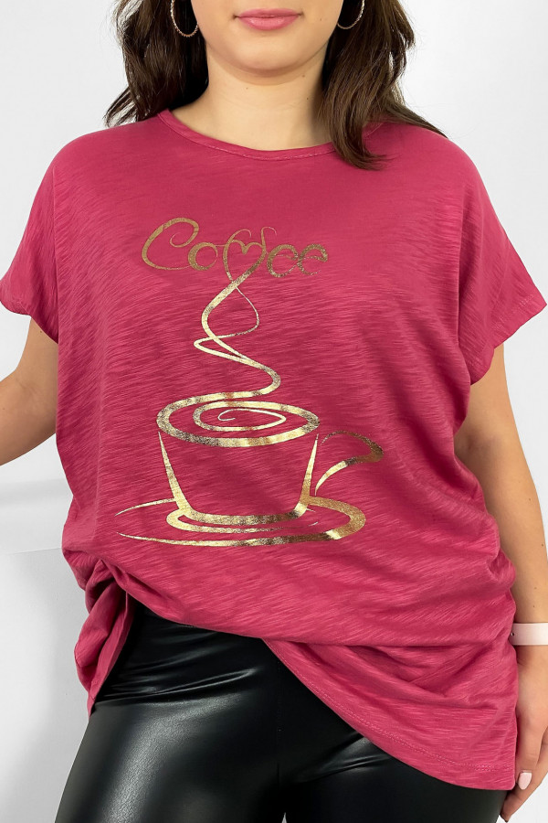 Nietoperz T-shirt damski plus size w kolorze truskawkowym złoty print coffee cup