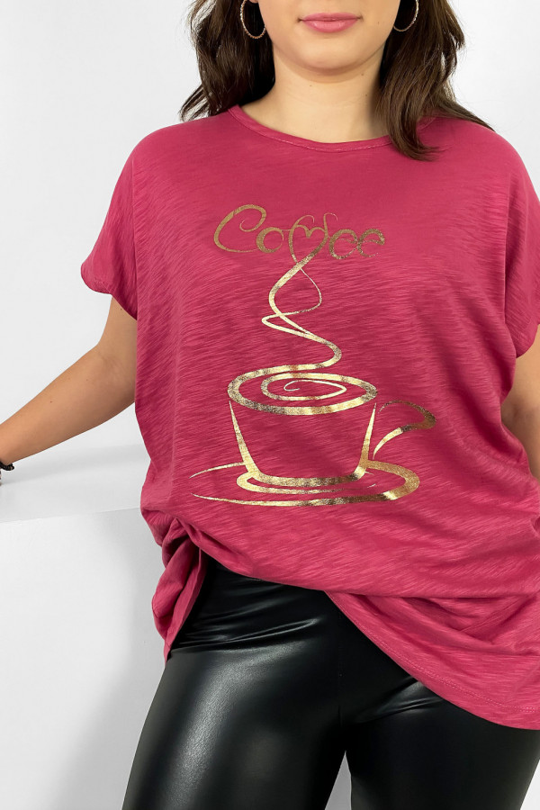 Nietoperz T-shirt damski plus size w kolorze truskawkowym złoty print coffee cup 1