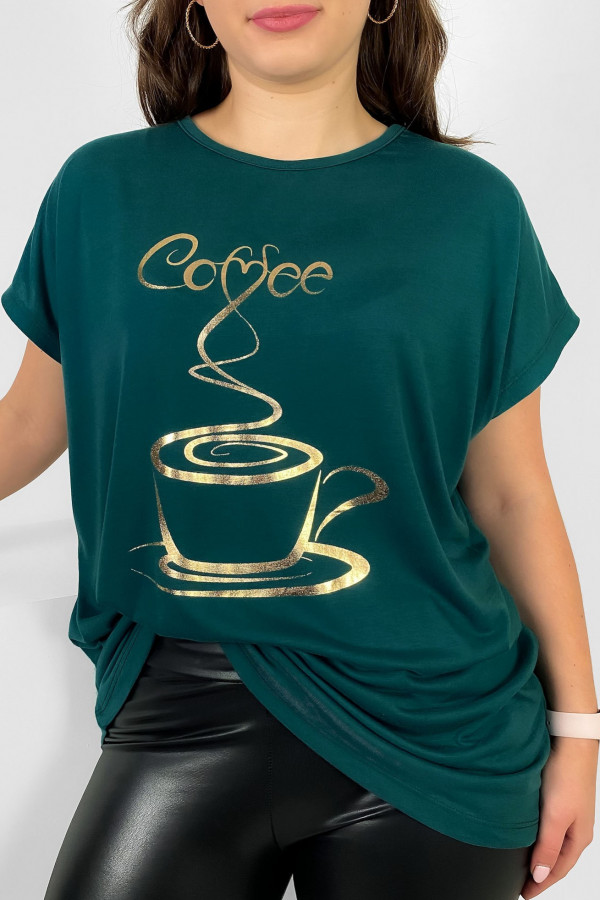 Nietoperz T-shirt damski plus size w kolorze morskim złoty print coffee cup