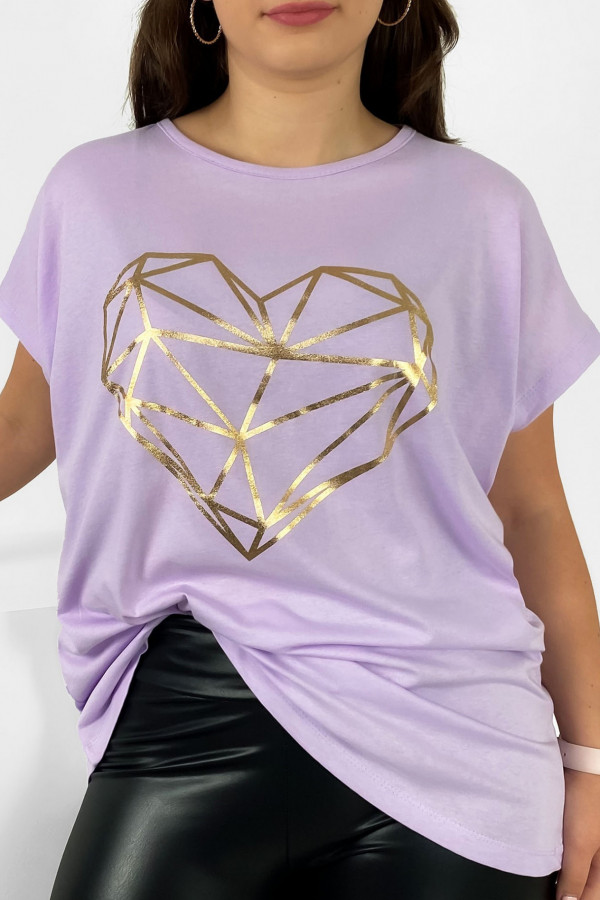 Nietoperz T-shirt damski plus size w kolorze fioletowym lila geometryczne serce