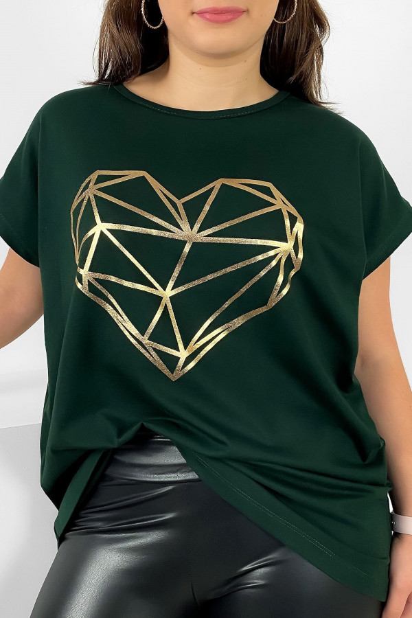 Nietoperz T-shirt damski plus size w kolorze ciemnej butelkowej zieleni geometryczne serce