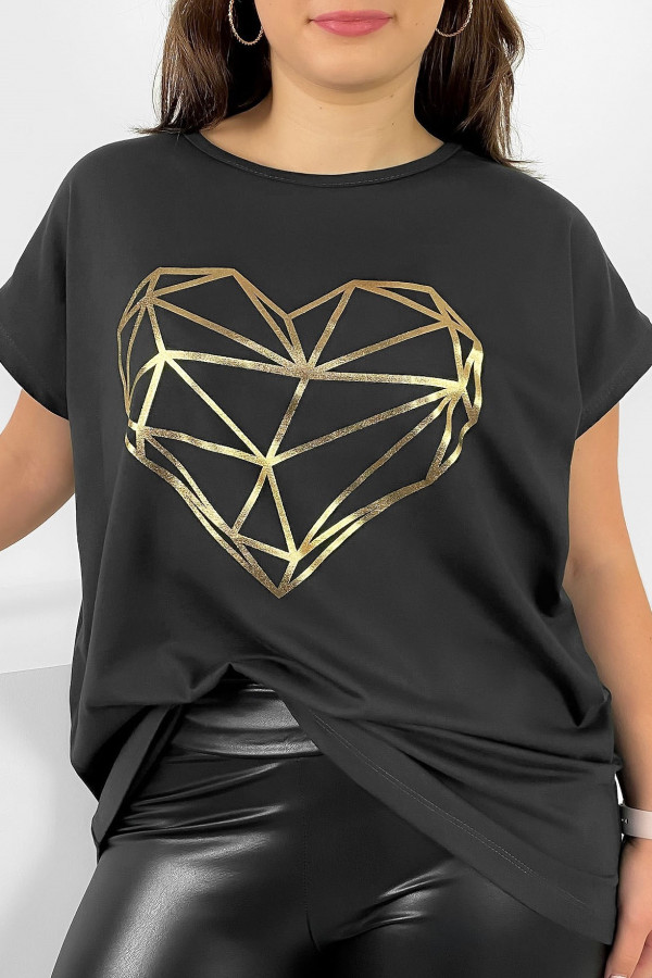 Nietoperz T-shirt damski plus size w kolorze antracytowym geometryczne serce