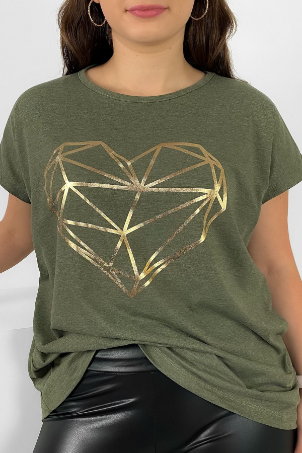 Nietoperz T-shirt damski plus size w kolorze khaki melanż geometryczne serce