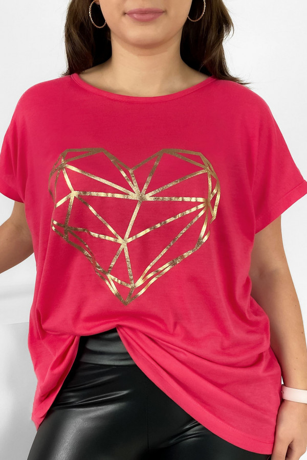 Nietoperz T-shirt damski plus size w kolorze malinowym geometryczne serce