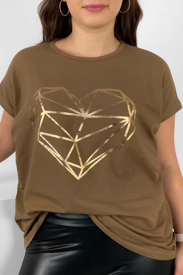 Nietoperz T-shirt damski plus size w kolorze orzechowego brązu geometryczne serce