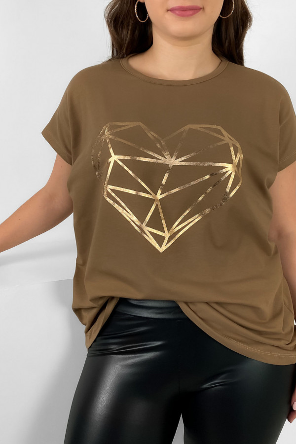 Nietoperz T-shirt damski plus size w kolorze orzechowego brązu geometryczne serce 1