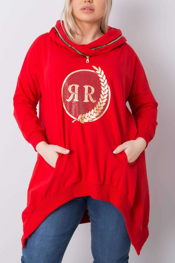Asymetryczna tunika damska plus size w kolorze czerwonym z kieszeniami dłuższy tył Nella