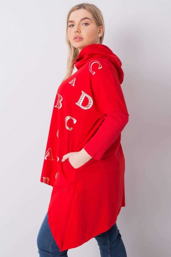 Asymetryczna tunika damska plus size w kolorze czerwonym z kieszeniami długie boki litery 4