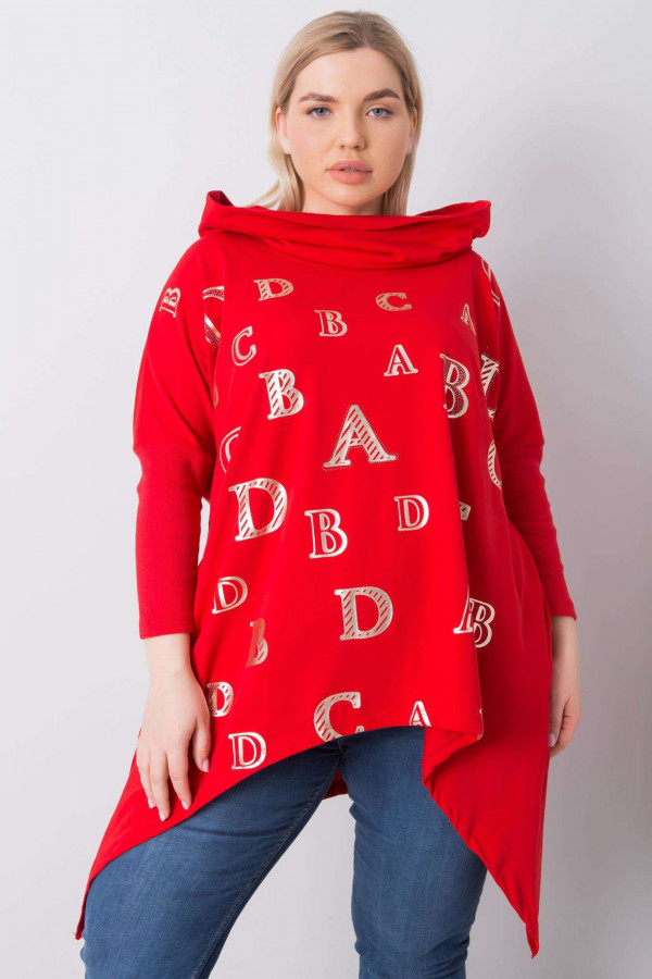 Asymetryczna tunika damska plus size w kolorze czerwonym z kieszeniami długie boki litery 1